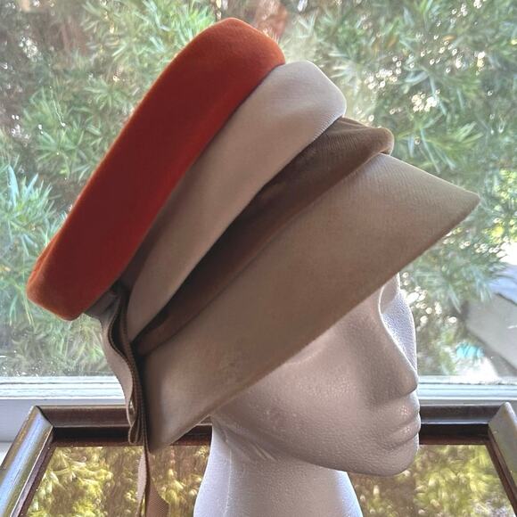 Unique Vintage Accessories - Vintage Brown, Tan & Orange Velvet Cloche Hat Cloche Bucket Hat, Pill Box Hat